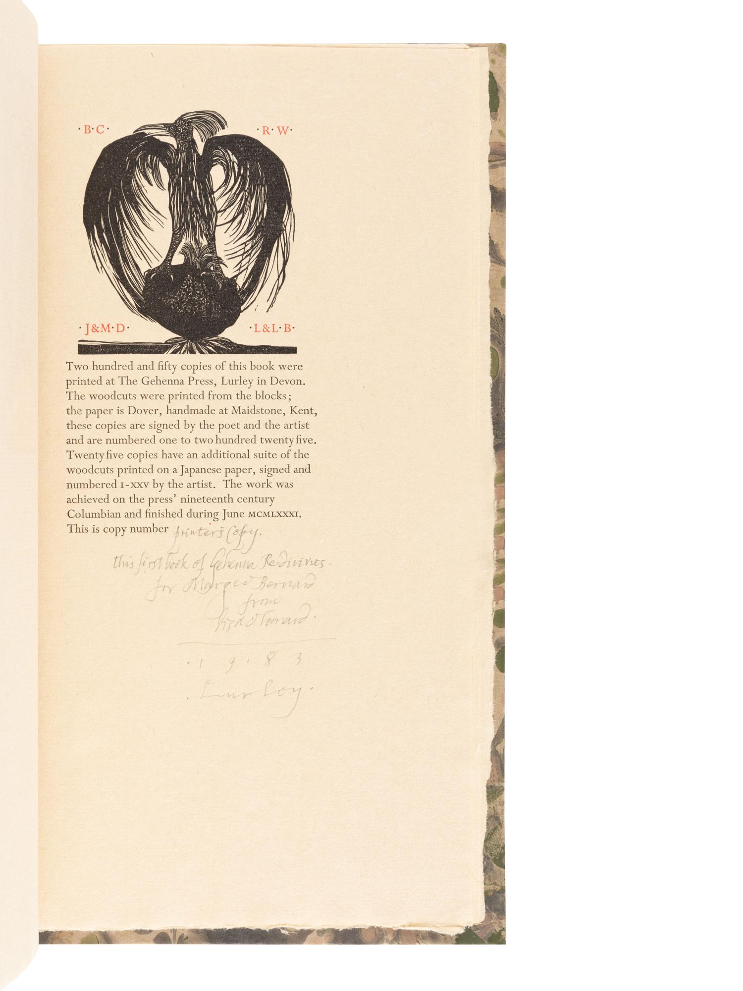 [GEHENNA PRESS]. HUGHES, Ted (1930-1998). A Primer of Birds . Woodcuts by Leonard Baskin. Northhampton, MA: Gehenna Press, 1981.