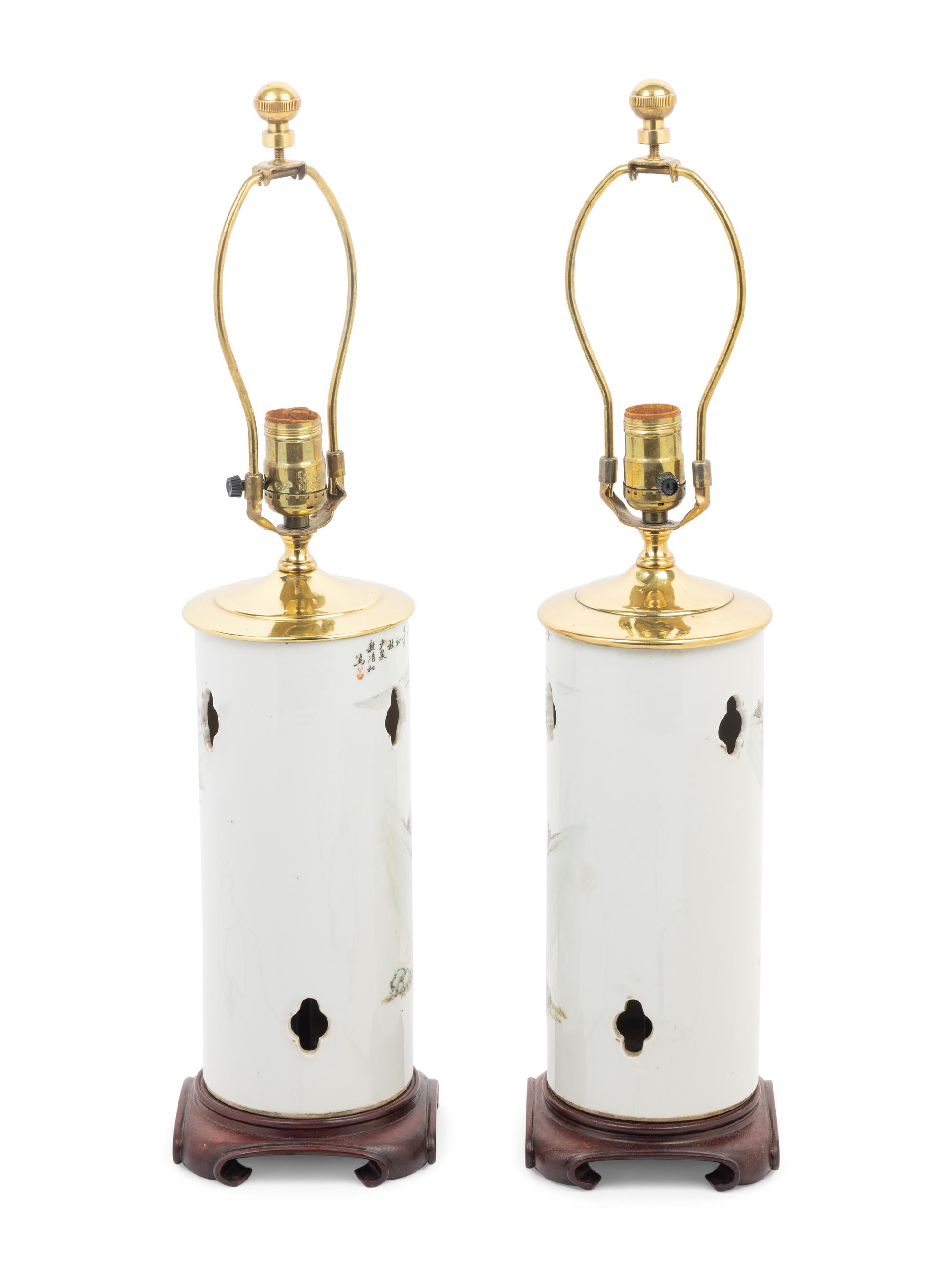 A Pair of Chinese Qianjiang Porcelain Hat Holders Mounted as Lamps