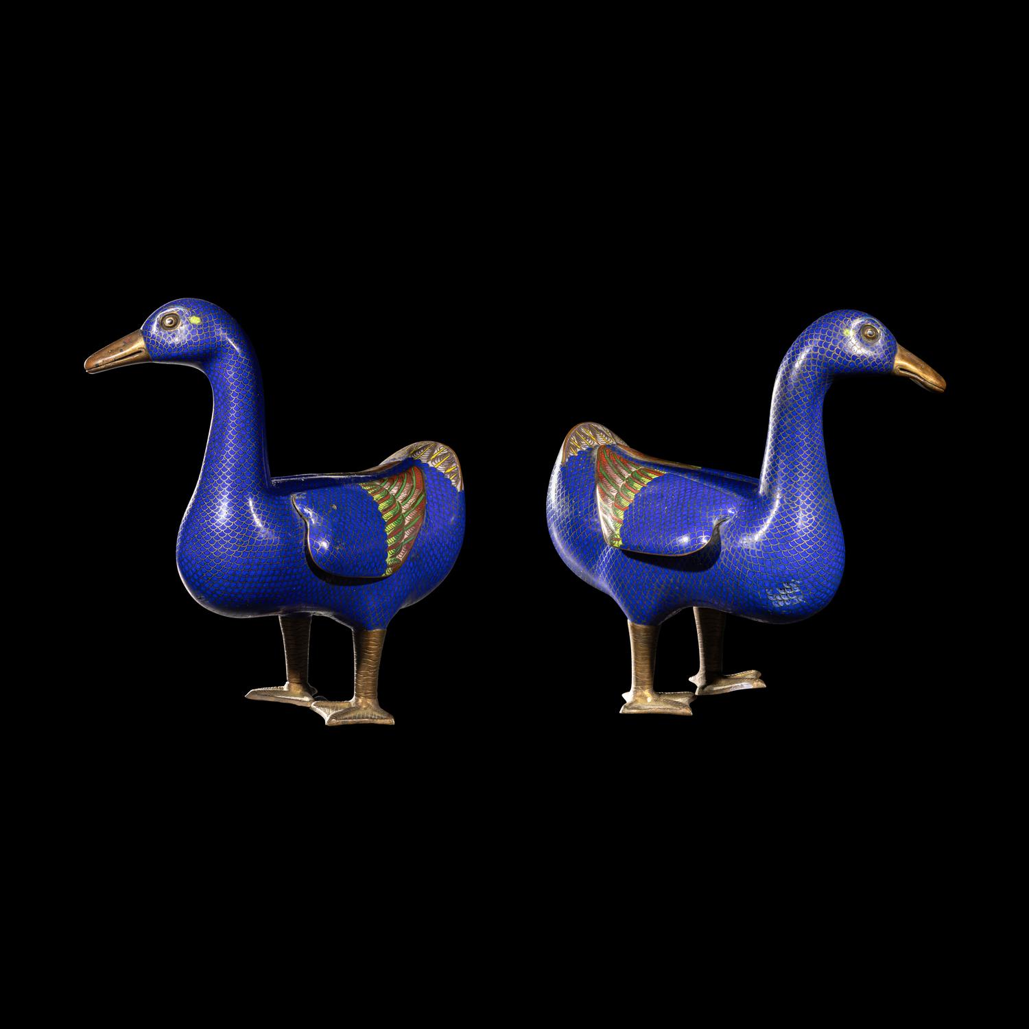 A Pair of Chinese Cloisonne Enamel Figures of Ducks