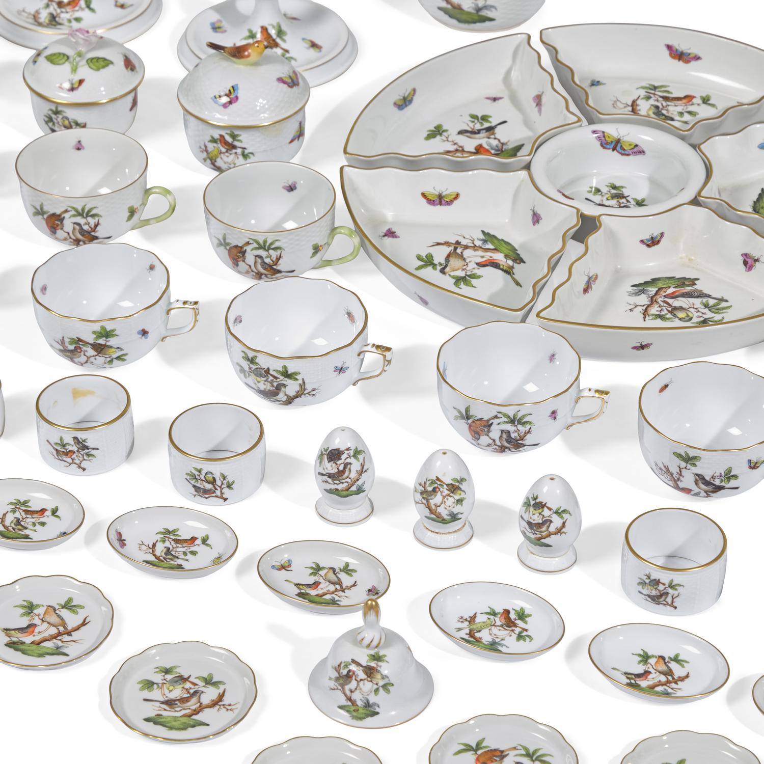 An Extensive Herend Rothschild Bird Porcelain Dinner Service