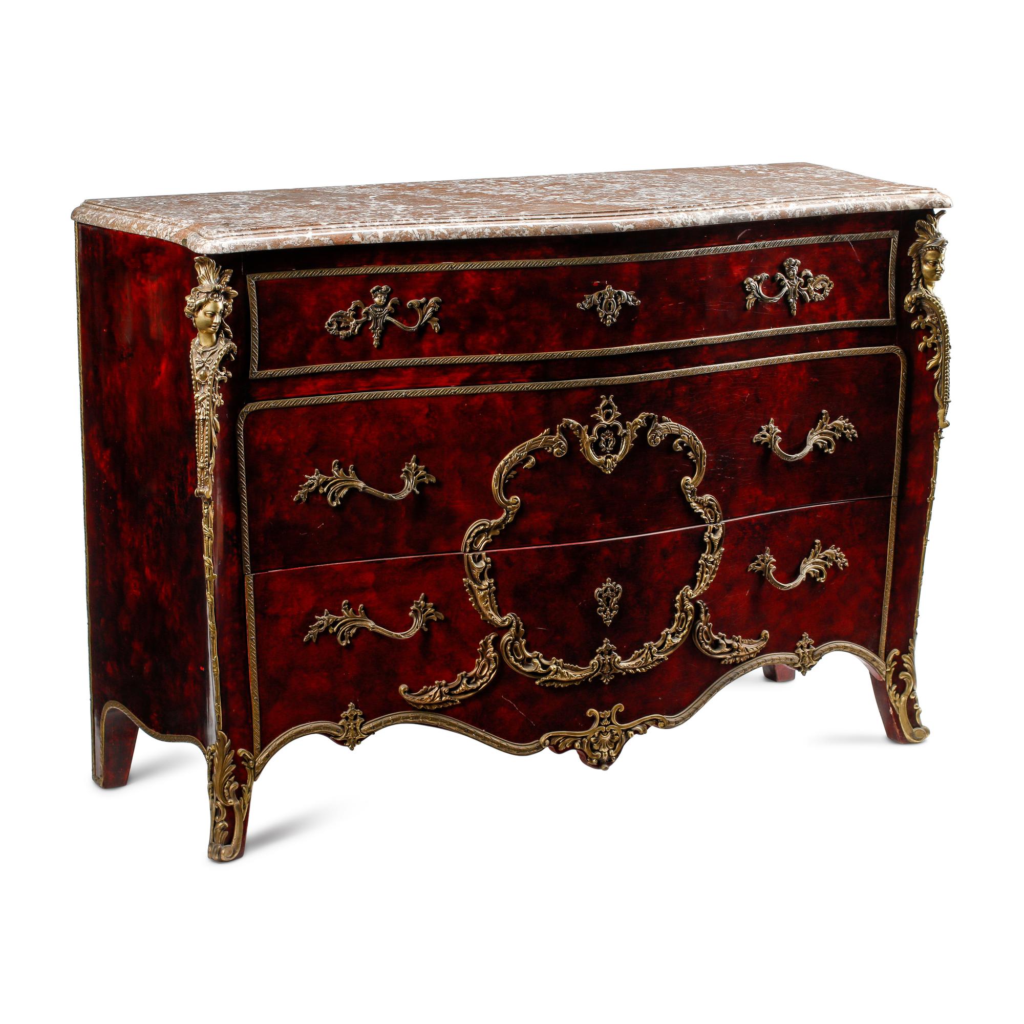 A Louis XV Style Faux Shell-Painted and Gilt Bronze Mounted Commode