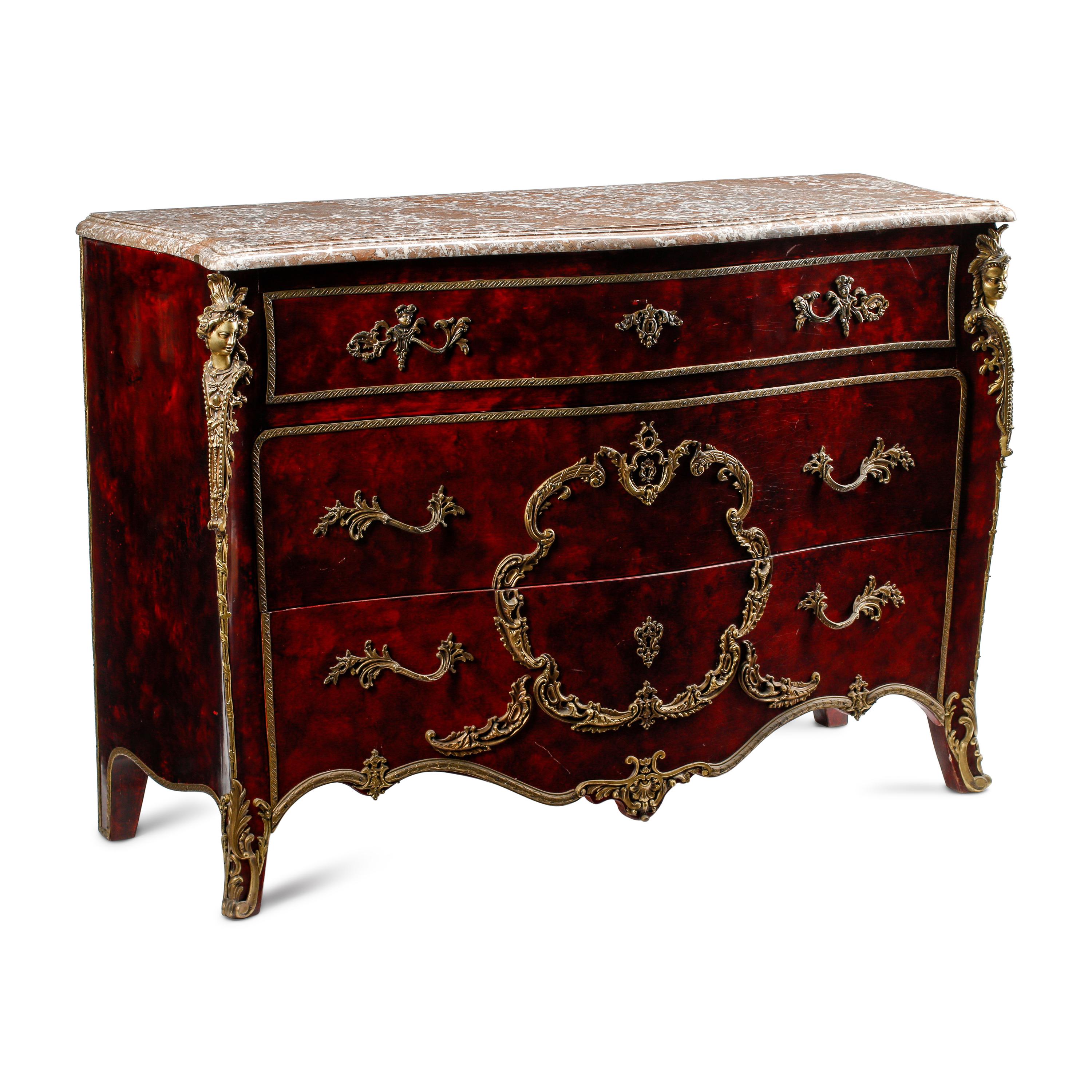 A Louis XV Style Faux Shell-Painted and Gilt Bronze Mounted Commode