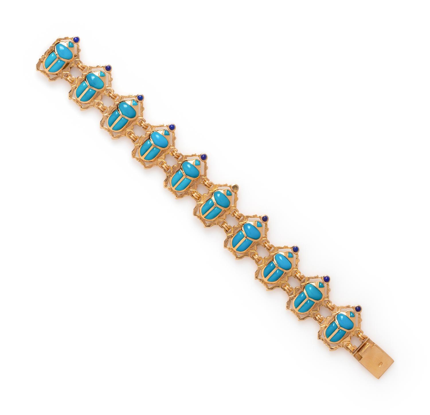 YELLOW GOLD, TREATED TURQUOISE AND LAPIS LAZULI SCARAB BRACELET