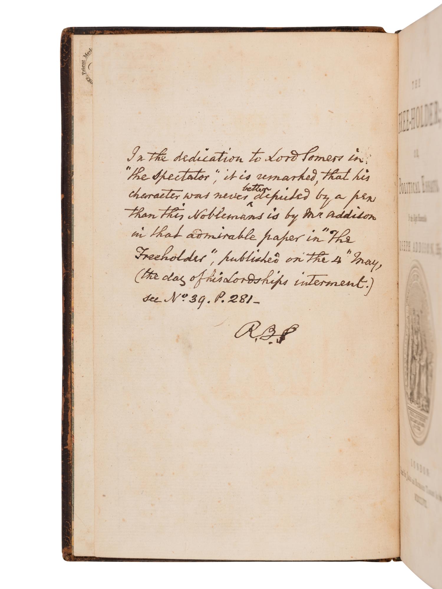 [SHERIDAN, Richard Brinsley (1751-1816), his copy]. ADDISON, Joseph (1672-1719). The Free-Holder; or, Political Essays . London: Jacob and Richard Tonson, 1758.