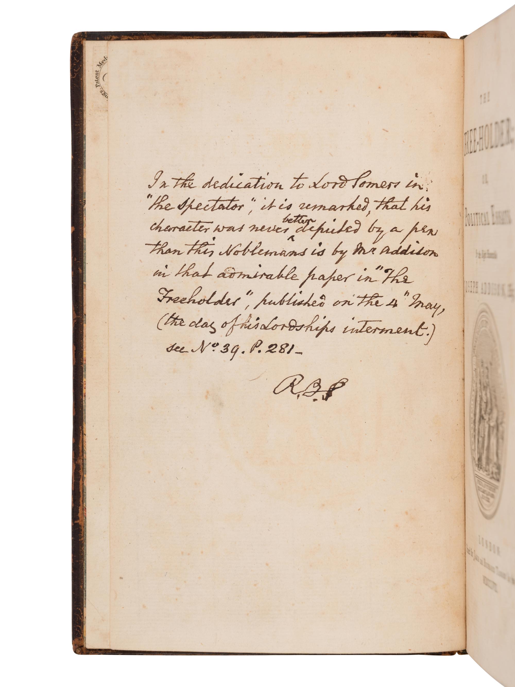 [SHERIDAN, Richard Brinsley (1751-1816), his copy]. ADDISON, Joseph (1672-1719). The Free-Holder; or, Political Essays . London: Jacob and Richard Tonson, 1758.