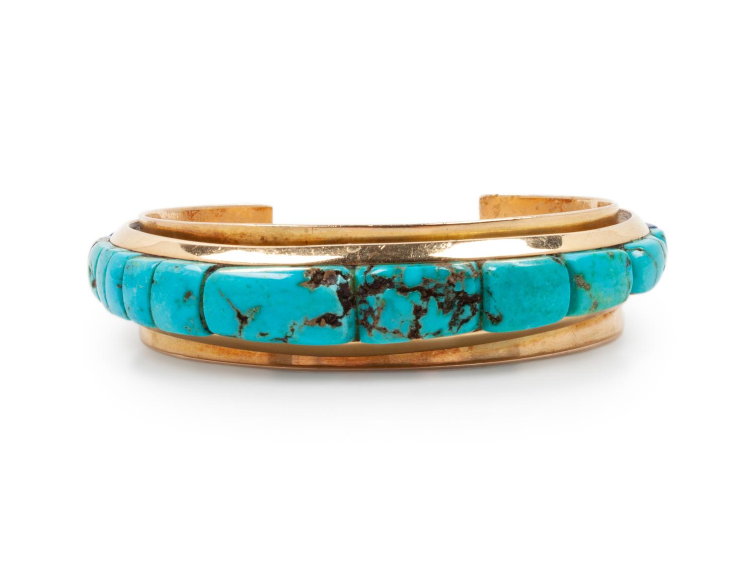 14k Gold, Turquoise, and Lapis Inlay Cuff Bracelet