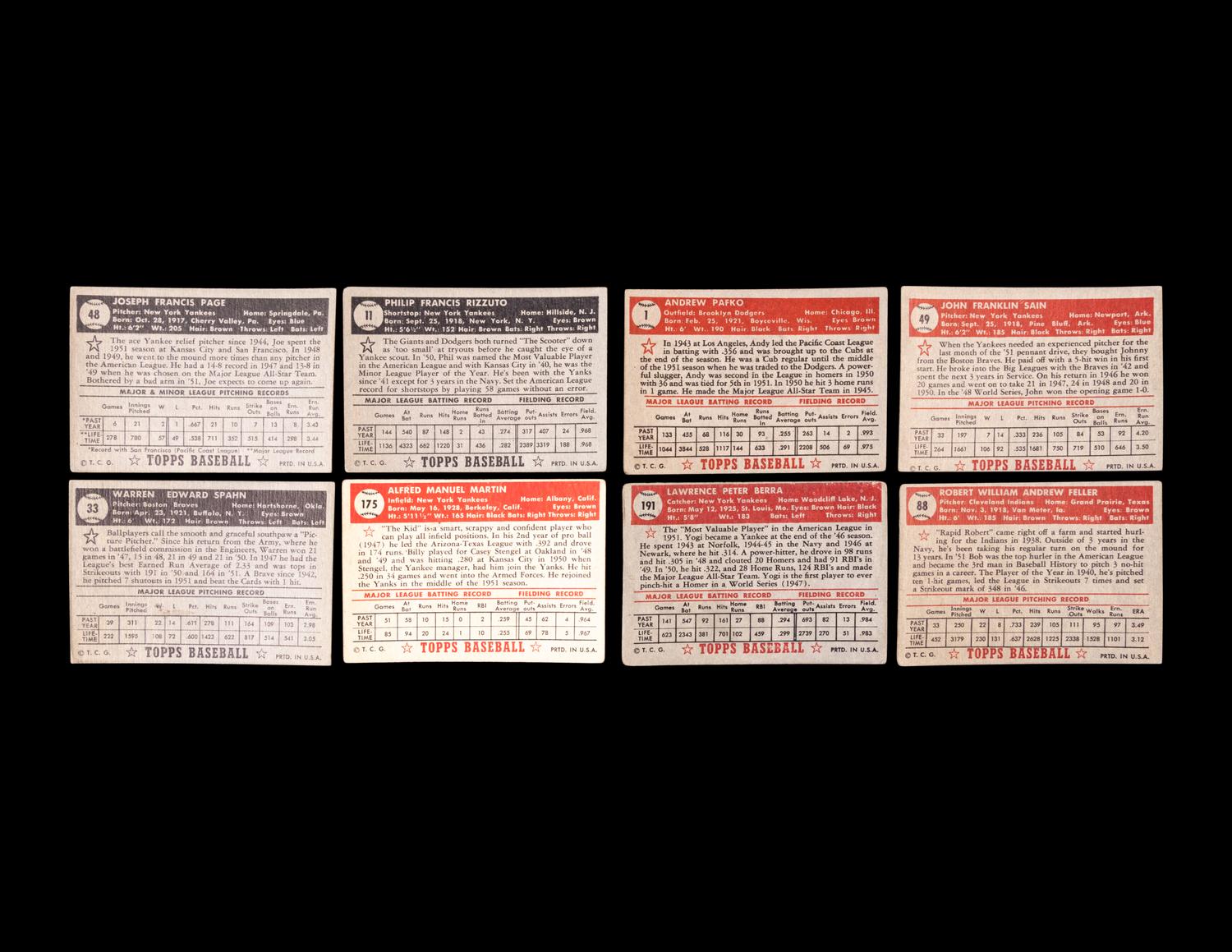 A Group of Eight 1952 Topps Baseball Cards Including Andy Pafko Card No. 1 and Multiple Hall of Famers,