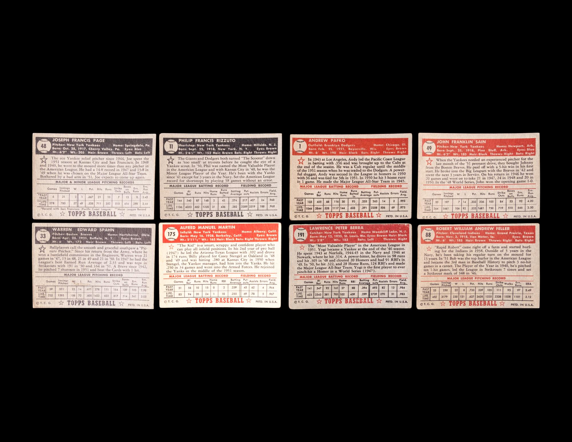 A Group of Eight 1952 Topps Baseball Cards Including Andy Pafko Card No. 1 and Multiple Hall of Famers,