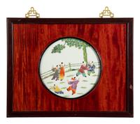 A Set of Four Chinese Famille Rose Porcelain Inset Hardwood Wall Panels