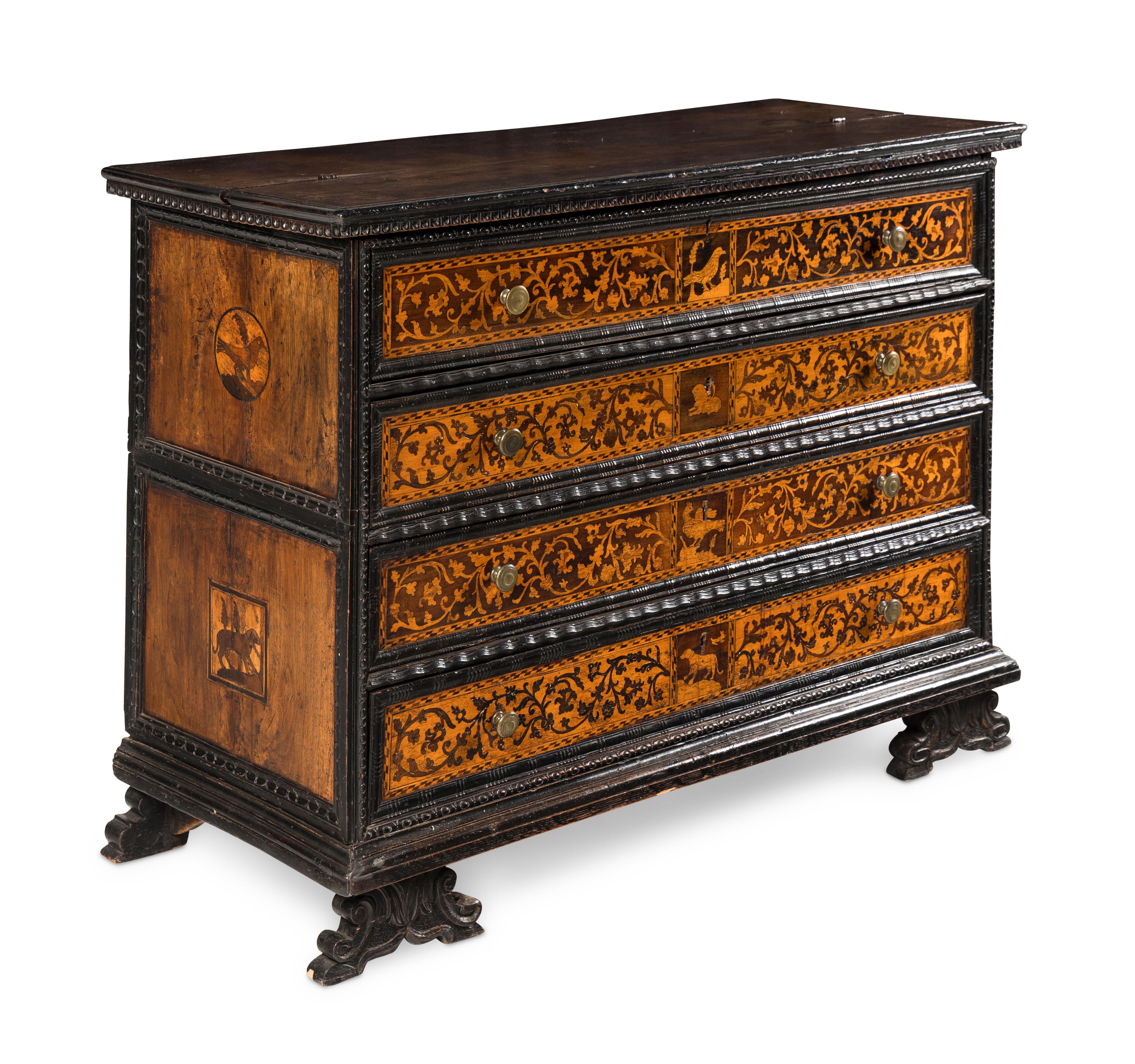 An Italian Baroque Marquetry and Part-Ebonized Bureau Chest