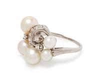 A Platinum, White Gold, Cultured Pearl and Diamond Ring,