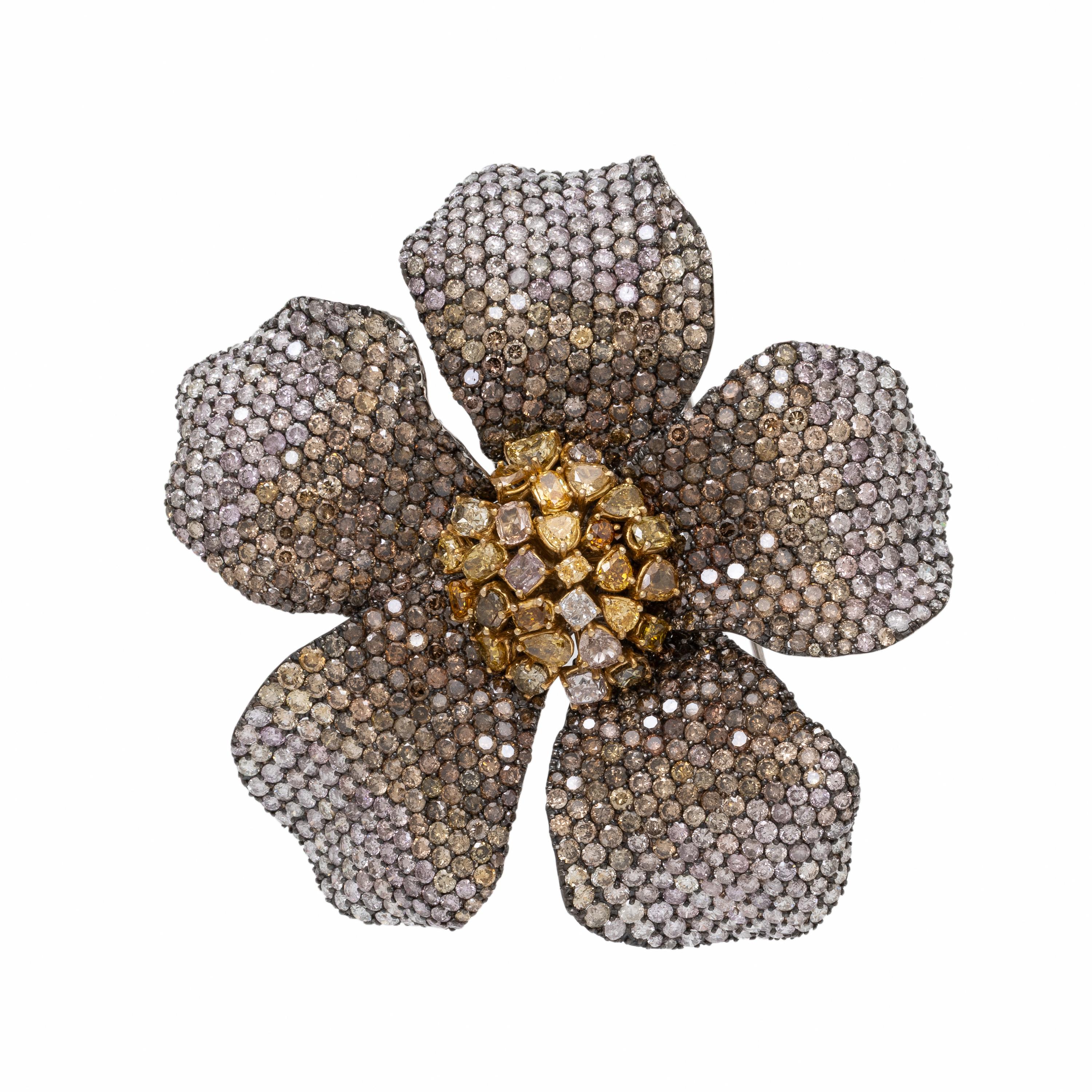Colored Diamond, Diamond, and Tricolor Gold Flower Pendant Brooch