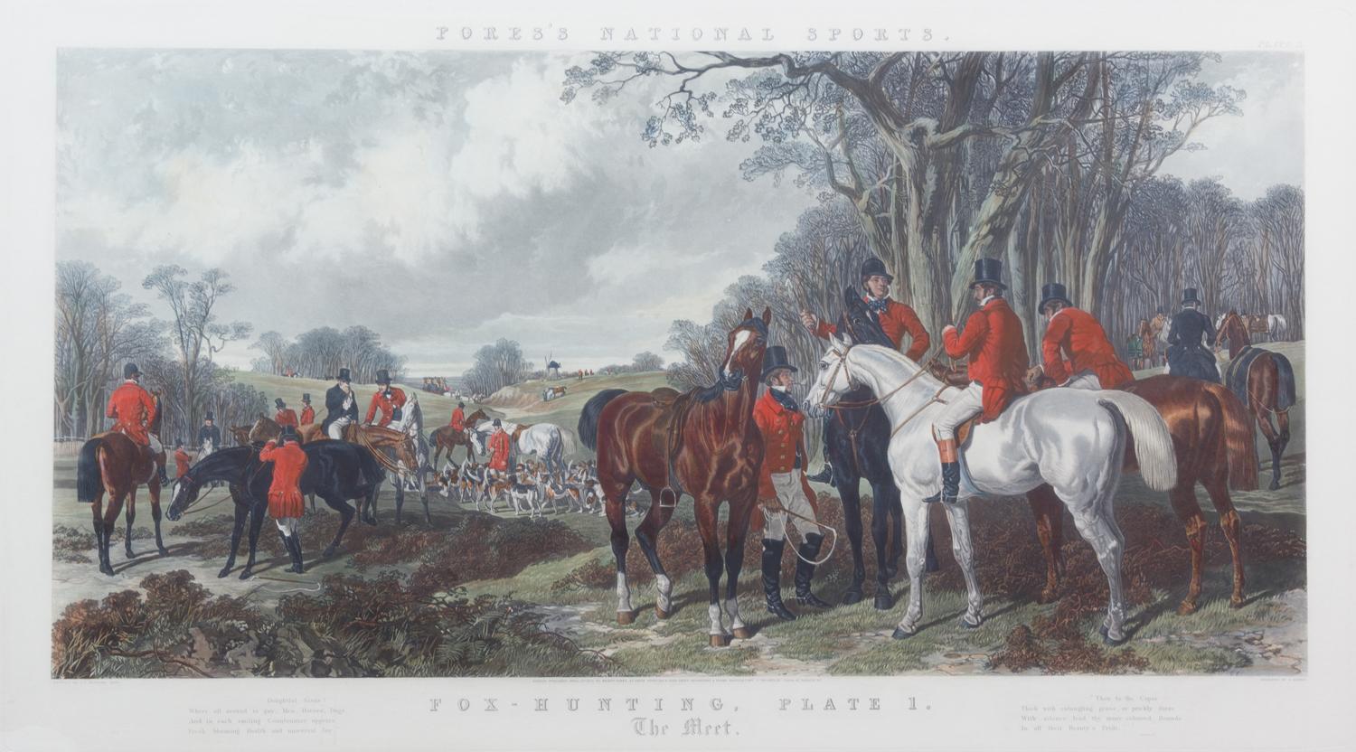 John Frederick HERRING Sr., after - J. HARRIS, engraver Image 20 1/2 x 41 1/2 inches. — Fore's National Sports Steeple Chase Cracks - Fore's National Sport Fox Hunting, The Meet, Plate I