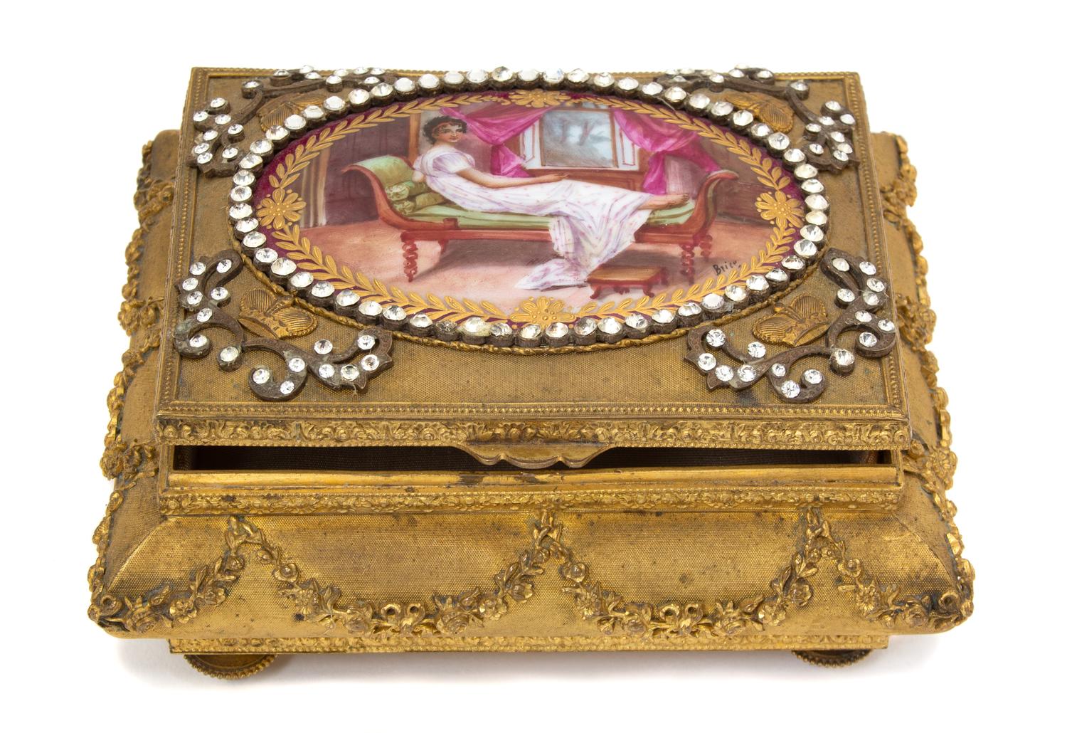 A French Gilt Bronze Jeweled Box with Oval Portrait Miniature Height 3 x width 6 1/8 x depth 5 inches. — 19TH CENTURY