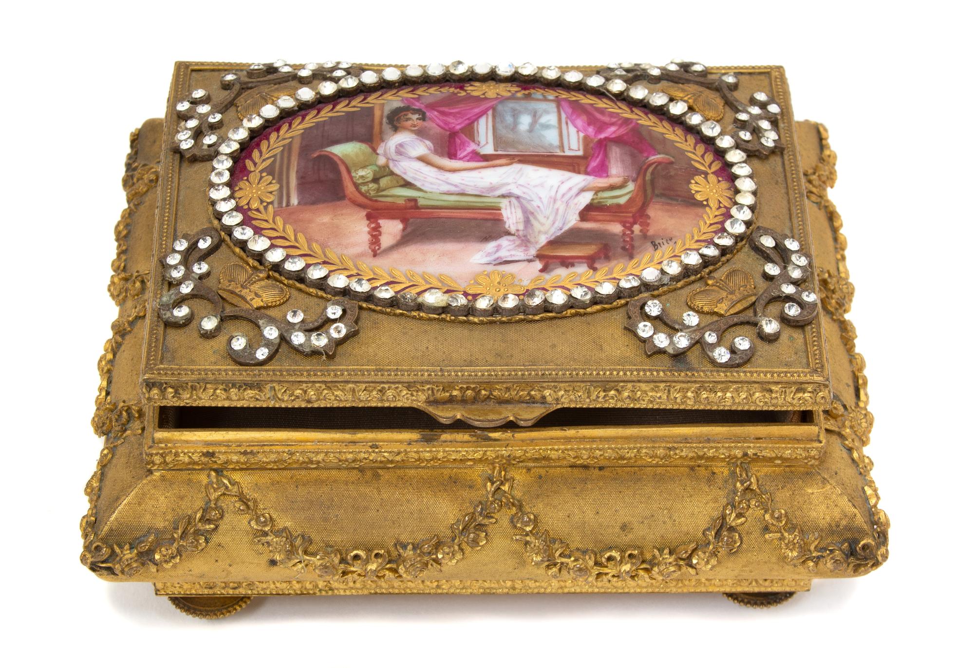 A French Gilt Bronze Jeweled Box with Oval Portrait Miniature Height 3 x width 6 1/8 x depth 5 inches. — 19TH CENTURY