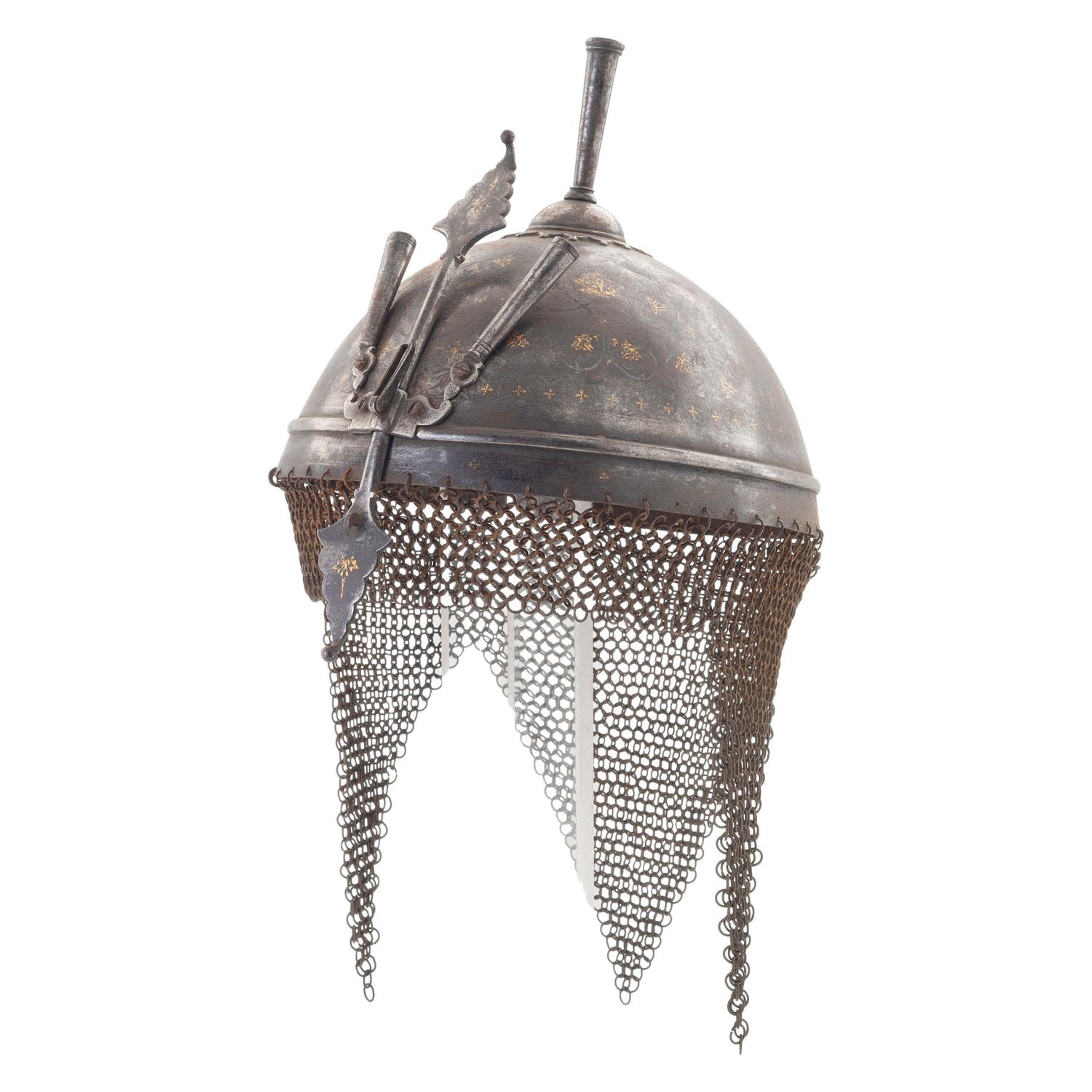 Decorated Spiked Indo Persian Kulah Khud Helmet with Chainmail Aventail and Nose Guard