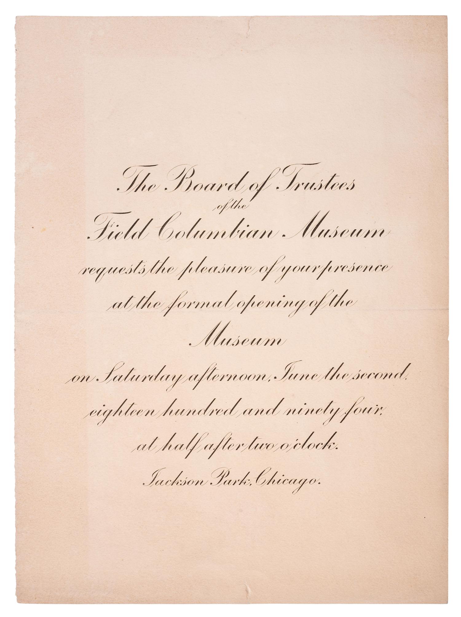 [CHICAGO]. Invitation to the grand opening of the Field Columbian Museum. Chicago, 1894.