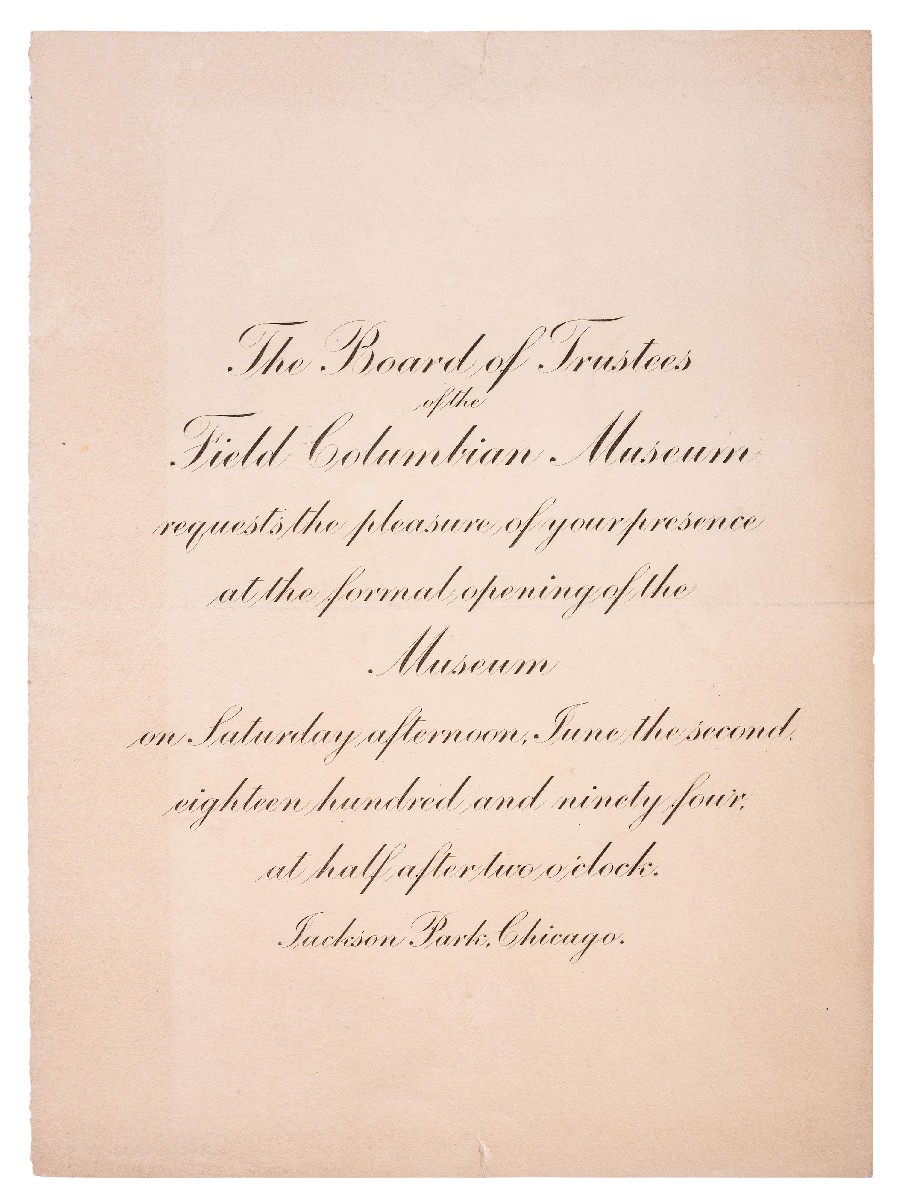 [CHICAGO]. Invitation to the grand opening of the Field Columbian Museum. Chicago, 1894.