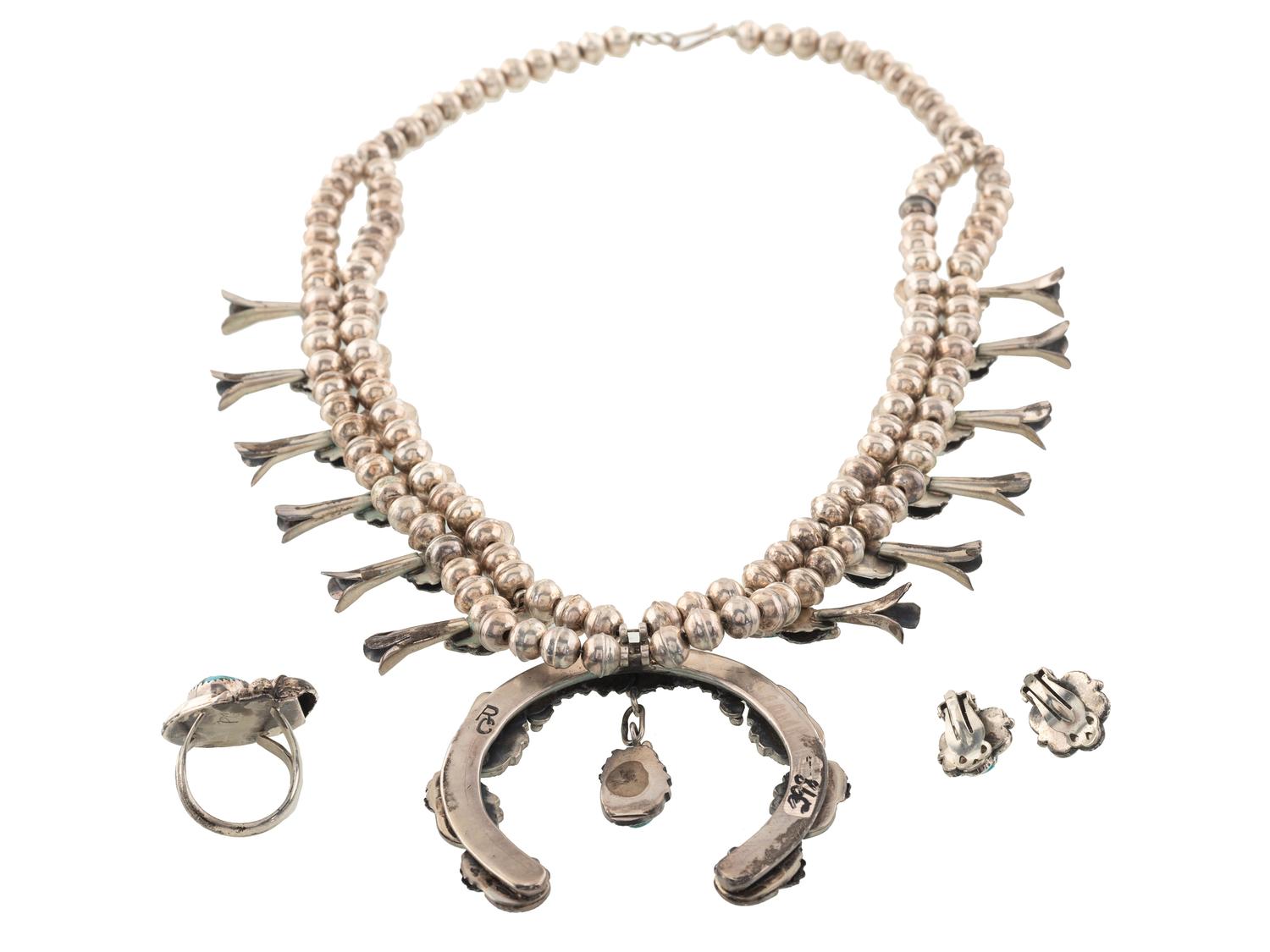 Navajo and Southwestern-Style Silver an Turquoise Squash Blossom Necklace, Ring, AND Earrings