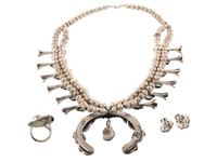 Navajo and Southwestern-Style Silver an Turquoise Squash Blossom Necklace, Ring, AND Earrings