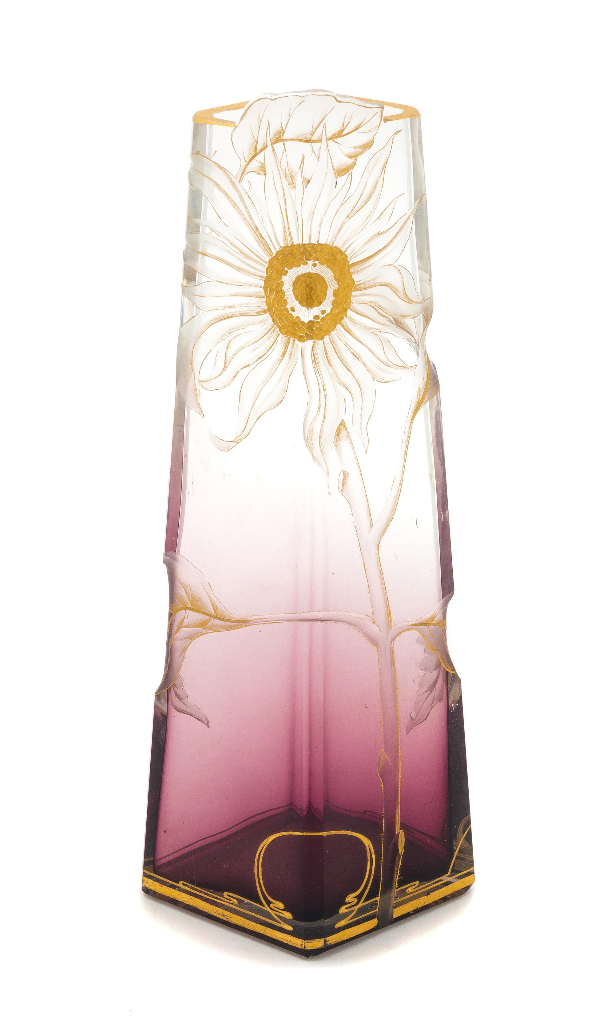 An Art Nouveau Carved and Gilt Decorated Amethyst Glass Vase Height 11 3/4 inches. — LATE 19TH CENTURY