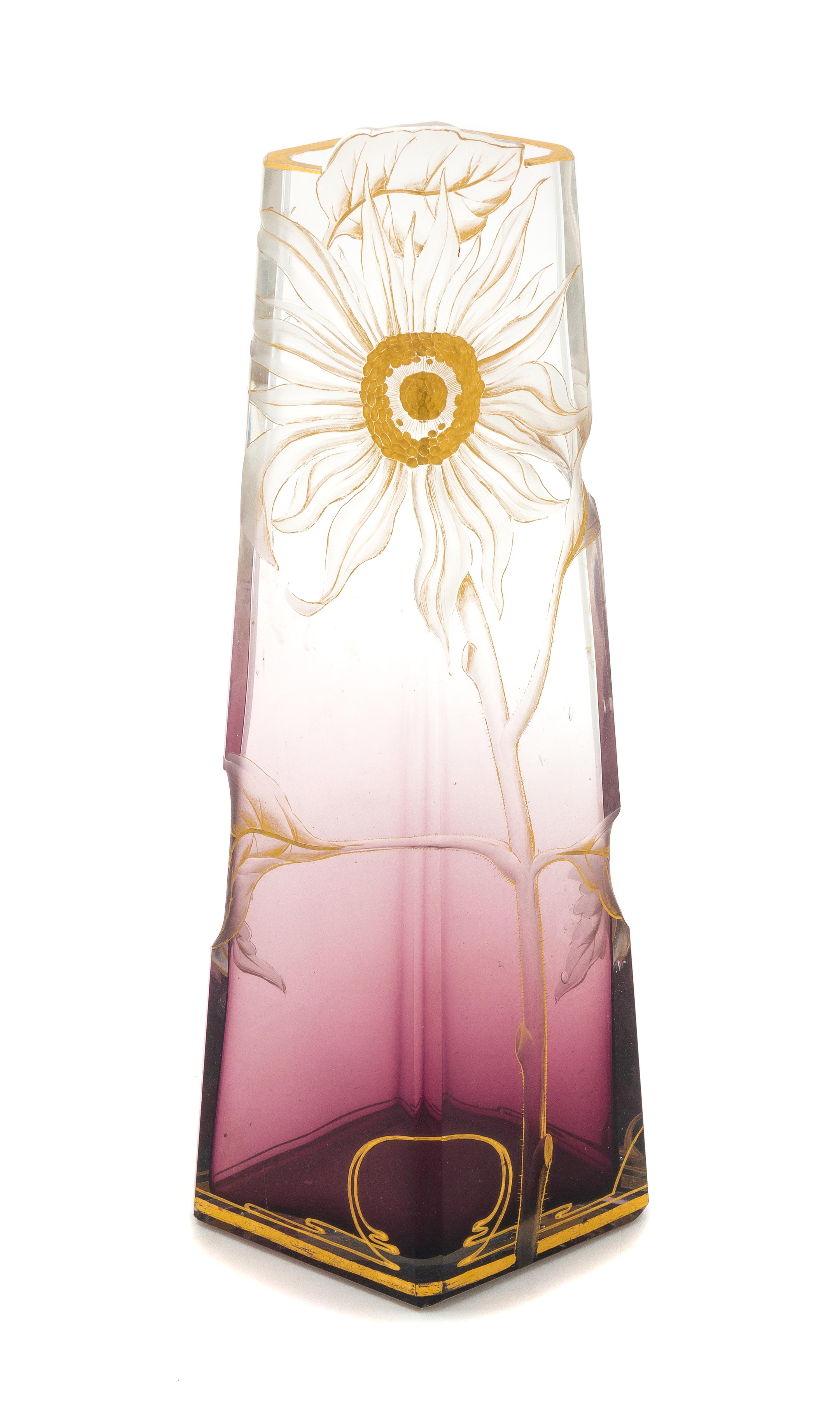 An Art Nouveau Carved and Gilt Decorated Amethyst Glass Vase Height 11 3/4 inches. — LATE 19TH CENTURY