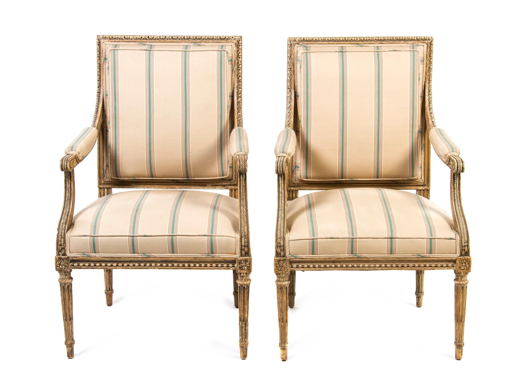 A Pair of Louis XVI Style Painted Fauteuils, Height 37 1/8 inches.