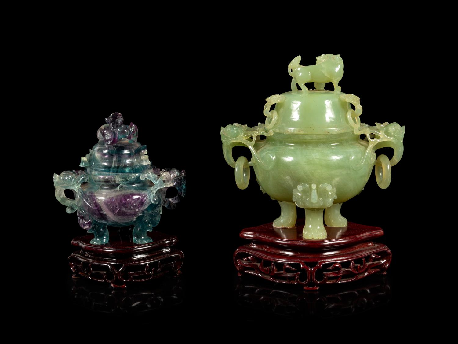 Two Chinese Hardstone Carved Incense Burners and Covers