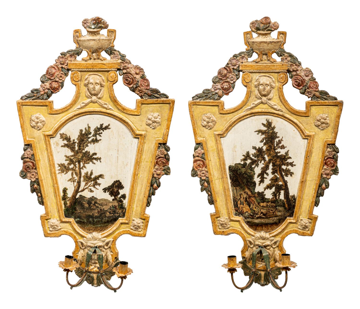 A Pair of North Italian Polychrome-Painted Two-Light Sconces