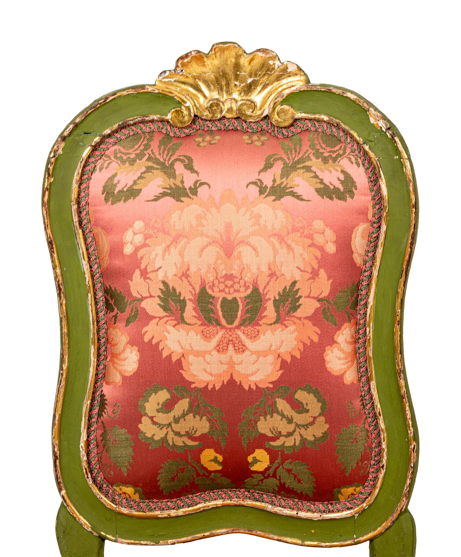 A Pair of Continental Green-Painted and Parcel-Gilt Side Chairs