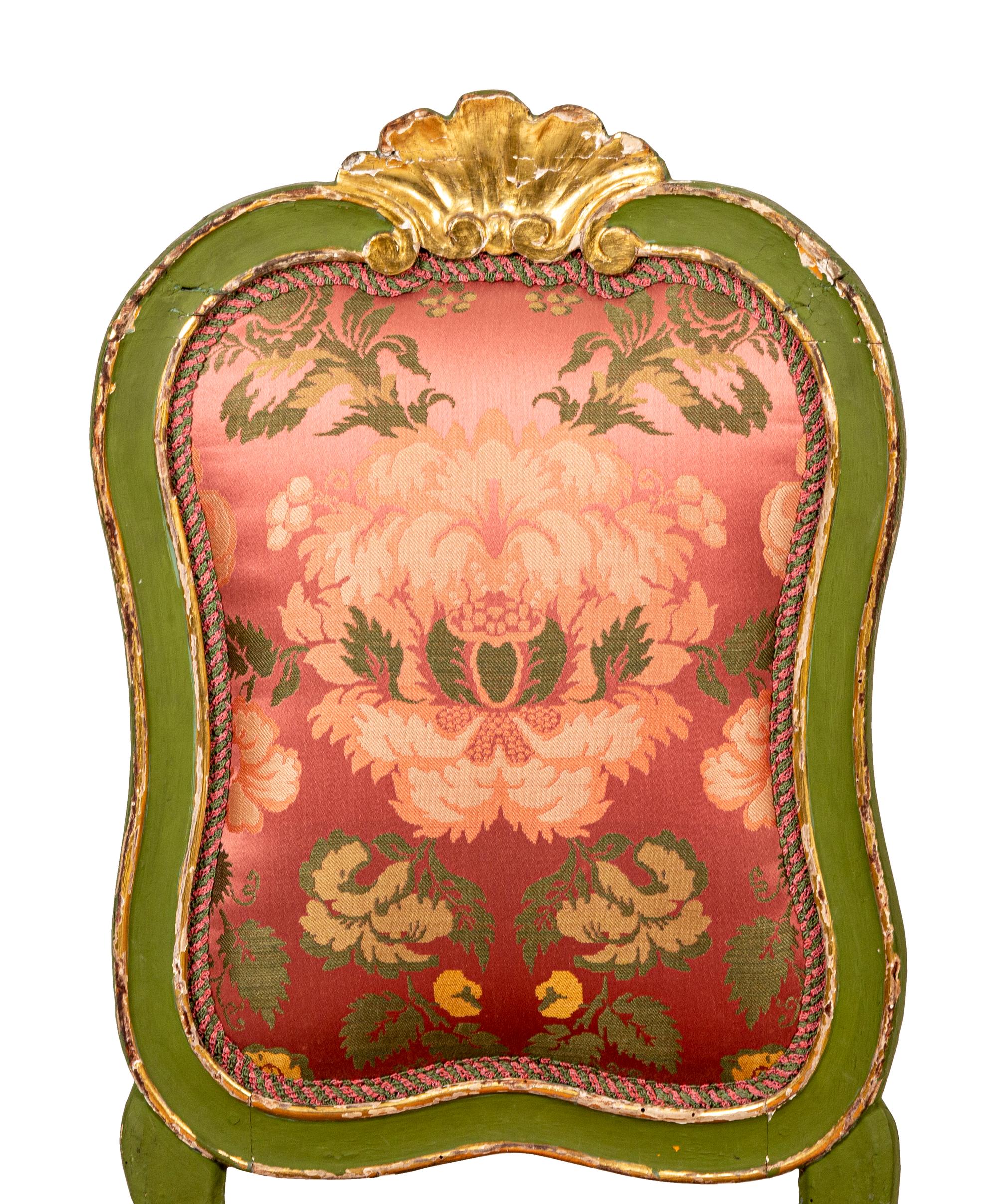 A Pair of Continental Green-Painted and Parcel-Gilt Side Chairs