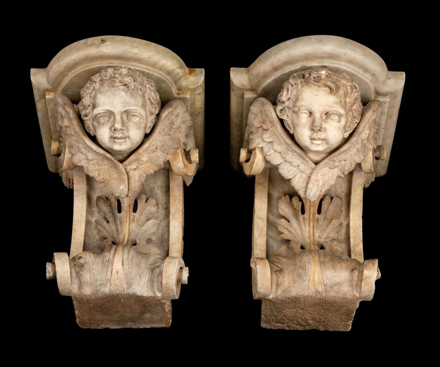 A Pair of Italian Amorini-Carved Marble Brackets — 18TH/19TH CENTURY