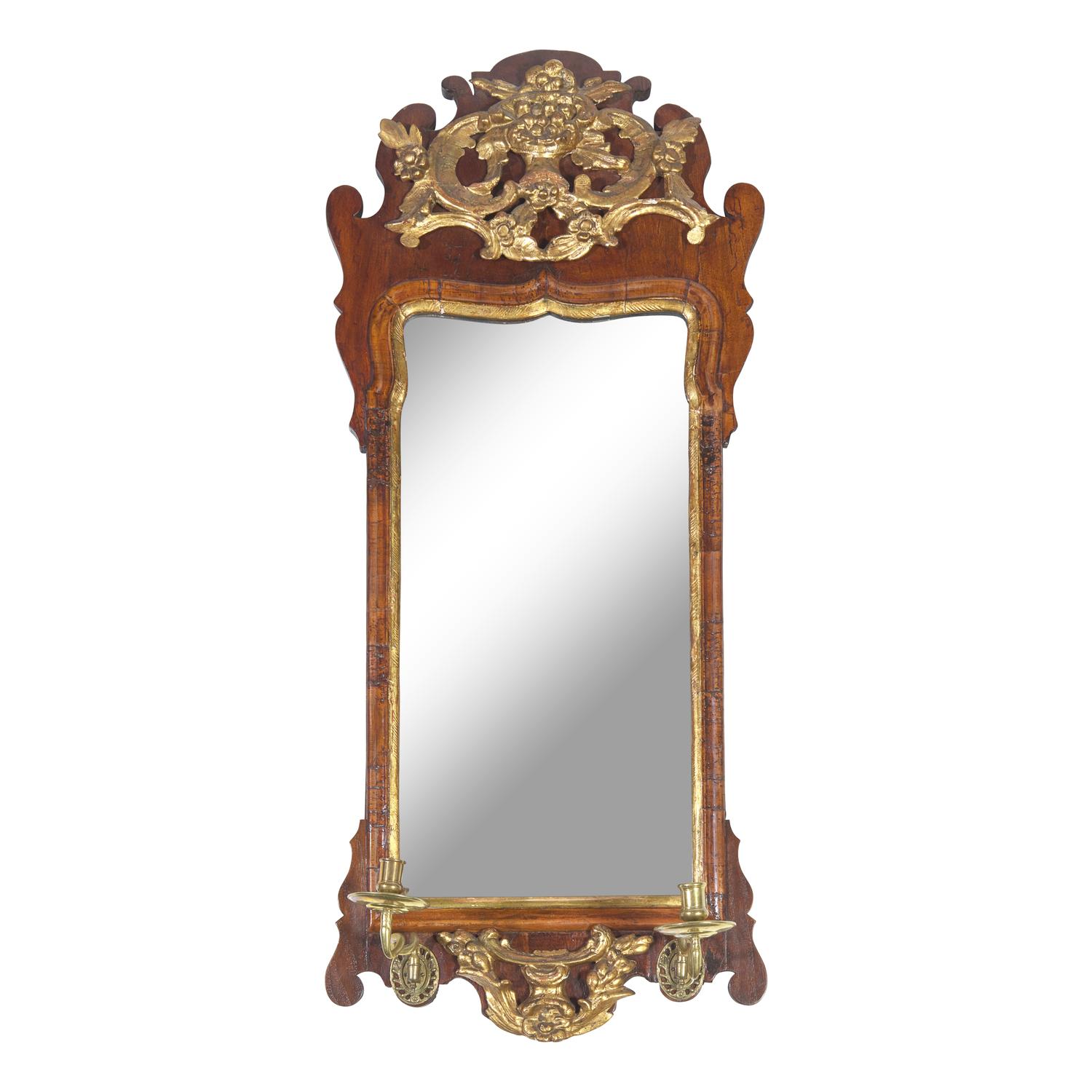 A George I Mahogany and Giltwood Looking Glass with Brass Candlearms
