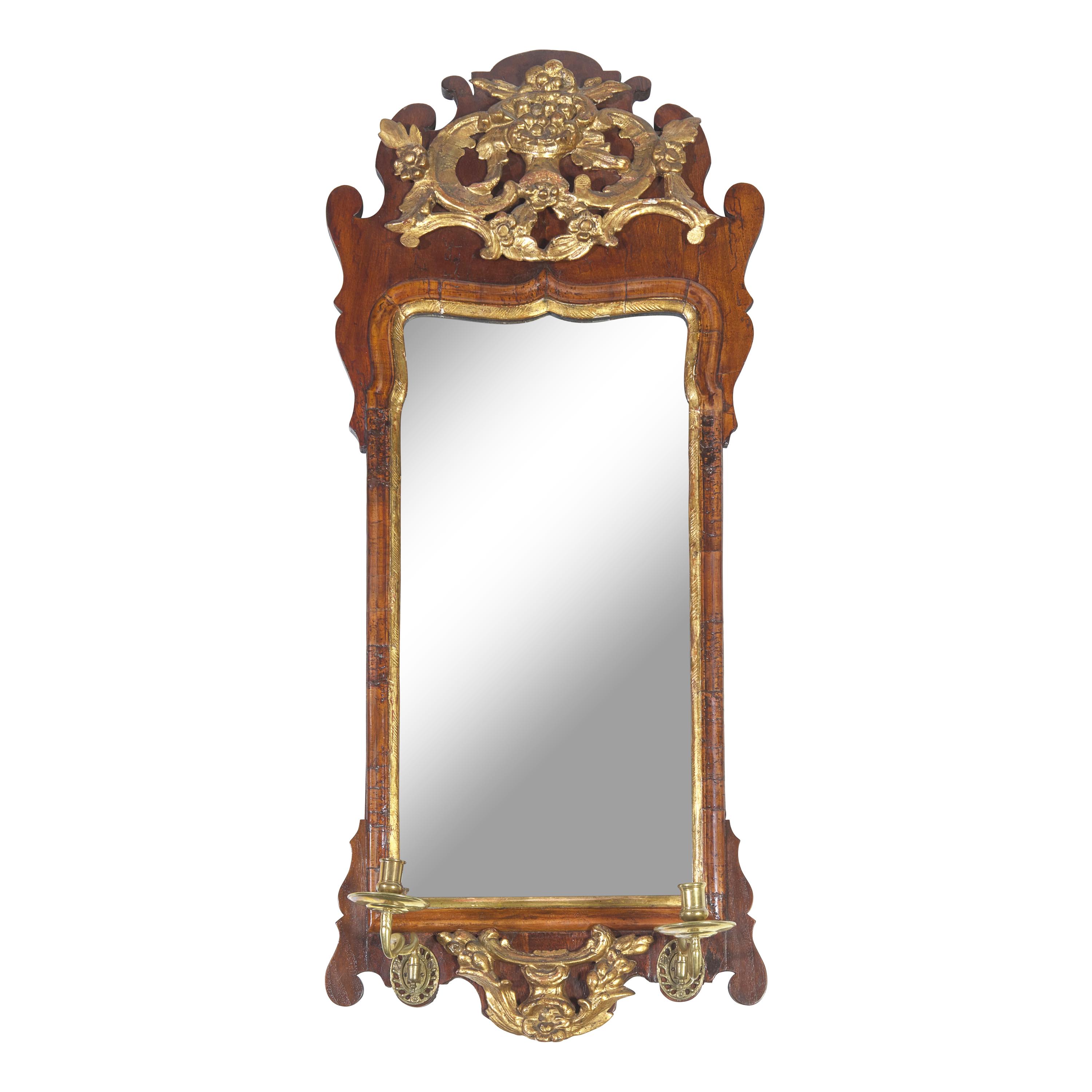 A George I Mahogany and Giltwood Looking Glass with Brass Candlearms