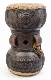A Carved Wood Drum Height 20 inches.
