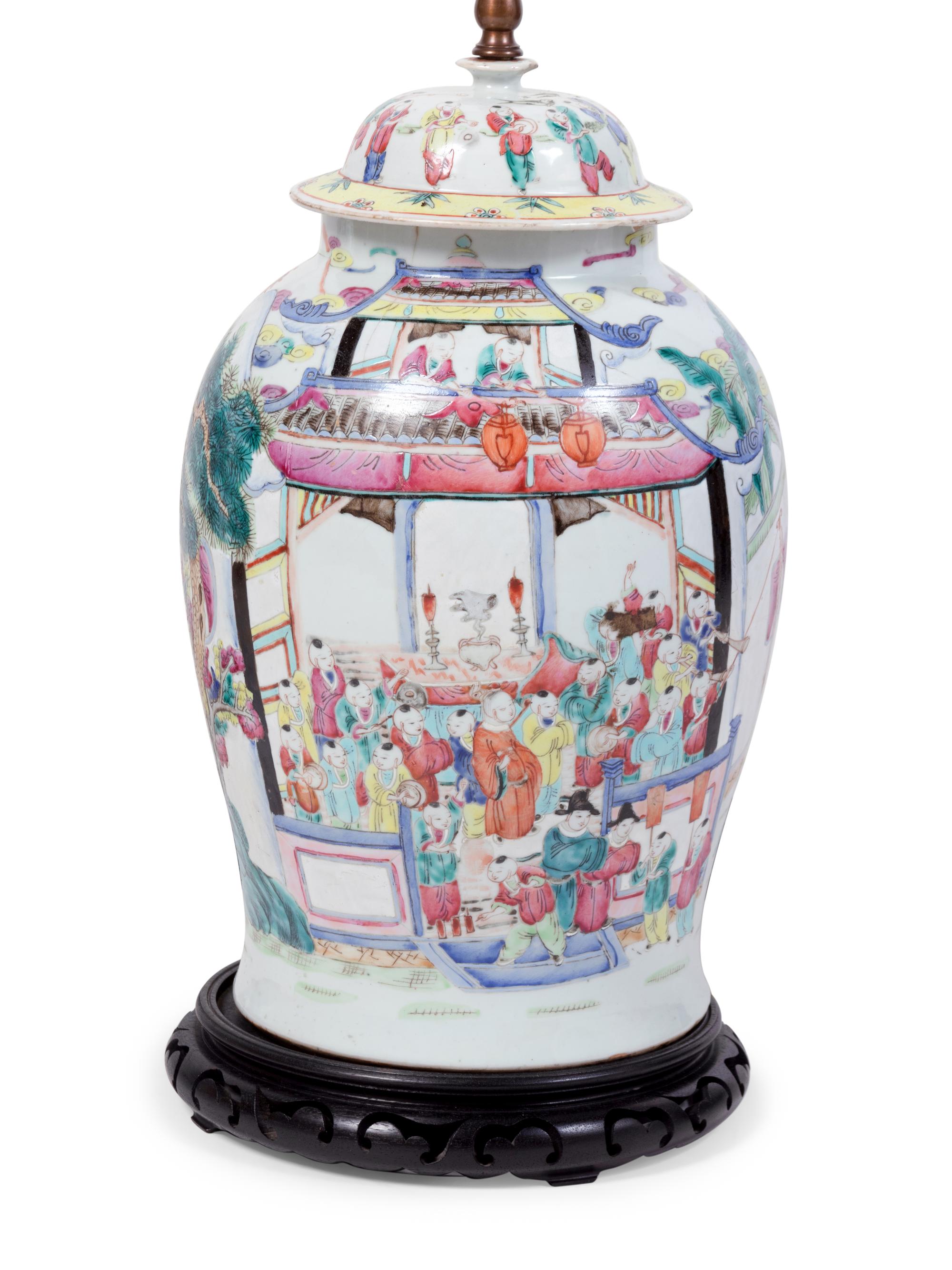 A Pair of Famille Rose Porcelain Jars Mounted as Lamps