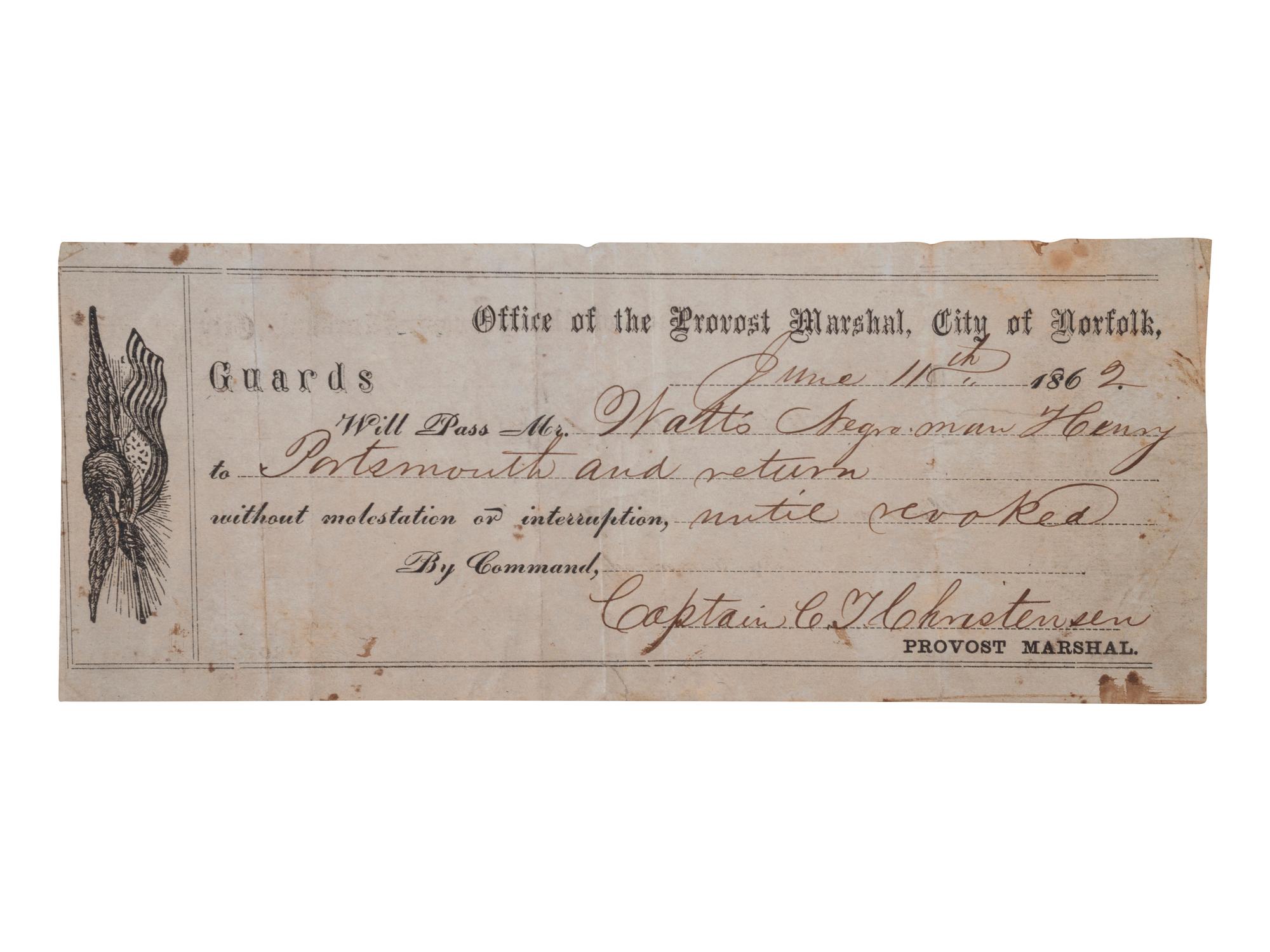 [CIVIL WAR - AFRICAN AMERICANA]. Partially printed pass issued to "Watt's Negro man Henry." Norfolk, VA, 11 June 1862.