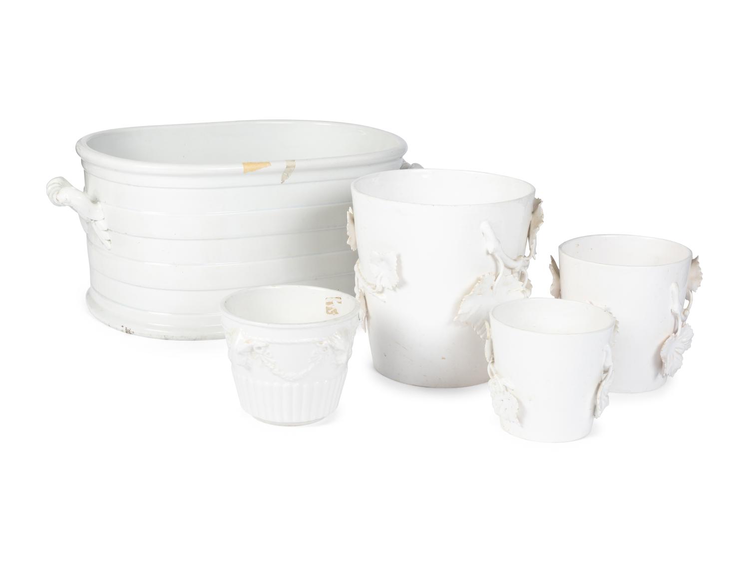 A Large Creamware Basin and Four Similar Jardinières