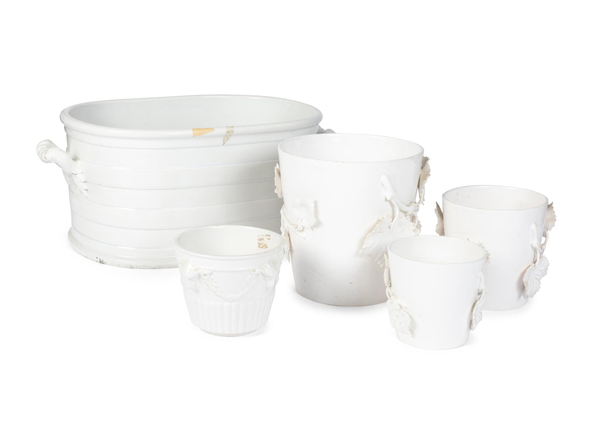 A Large Creamware Basin and Four Similar Jardinières