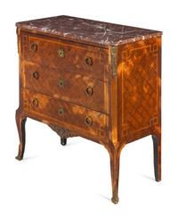 A Louis XV/XVI Transitional Style Gilt Metal Mounted Parquetry Marble Top Commode