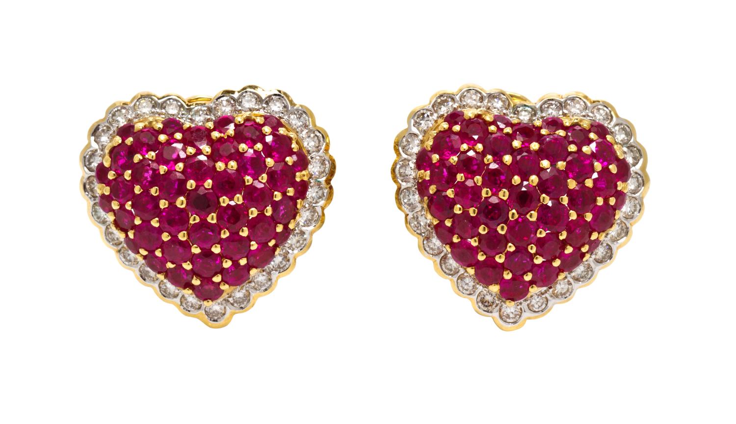 A Pair of 18 Karat Yellow Gold, Ruby and Diamond Heart Earclips, 17.30 dwts.