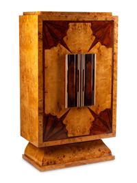 An Art Deco Style Burl Walnut and Rosewood Veneered Bar Cabinet