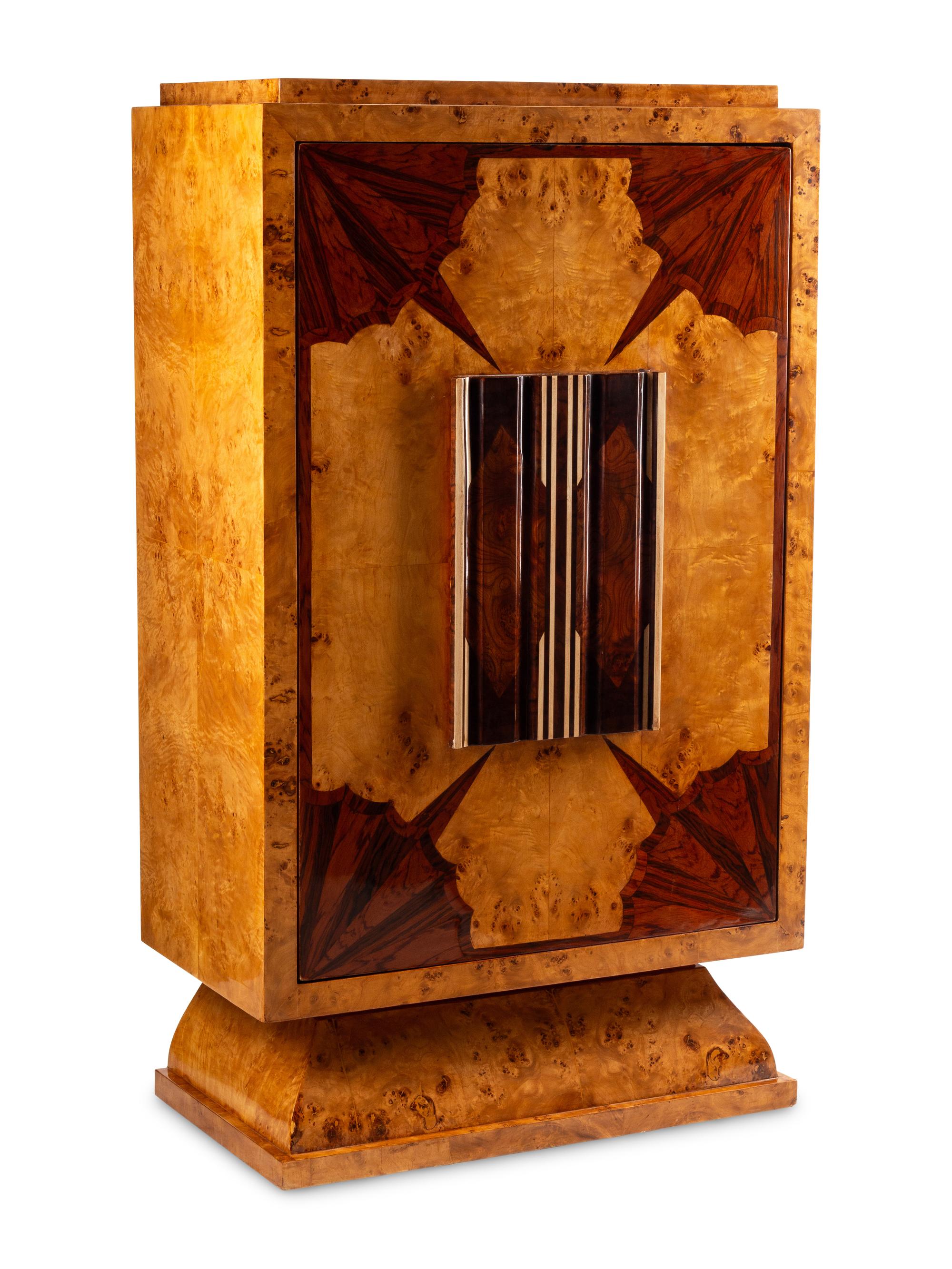 An Art Deco Style Burl Walnut and Rosewood Veneered Bar Cabinet