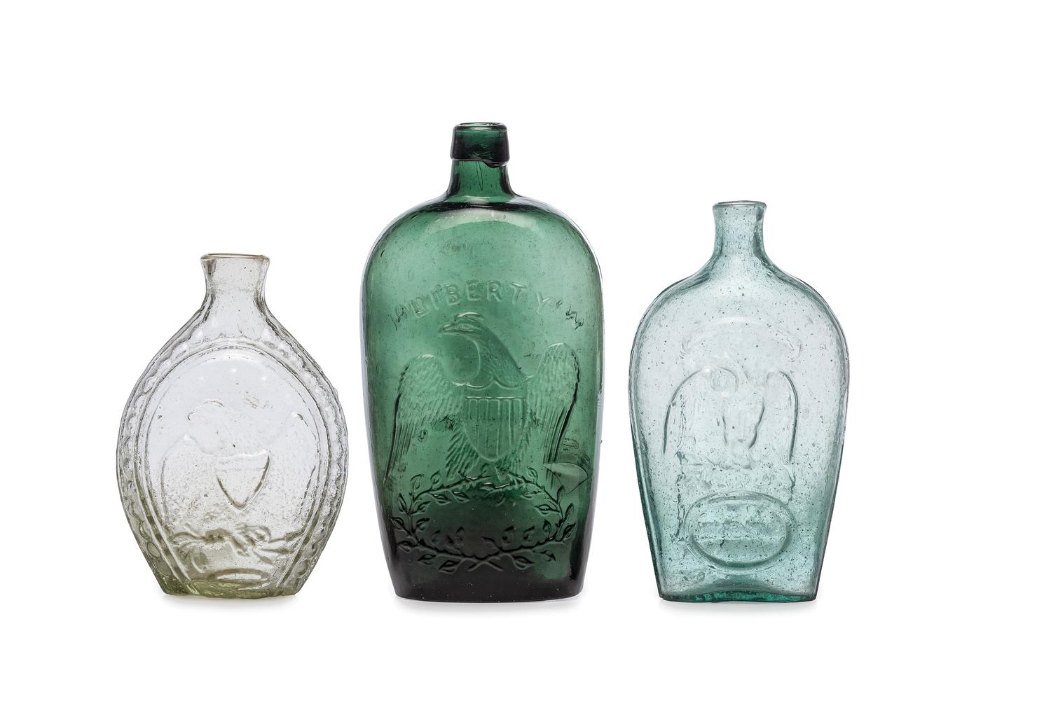 Three Molded Glass Green and Aqua Flasks