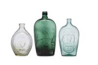 Three Molded Glass Green and Aqua Flasks