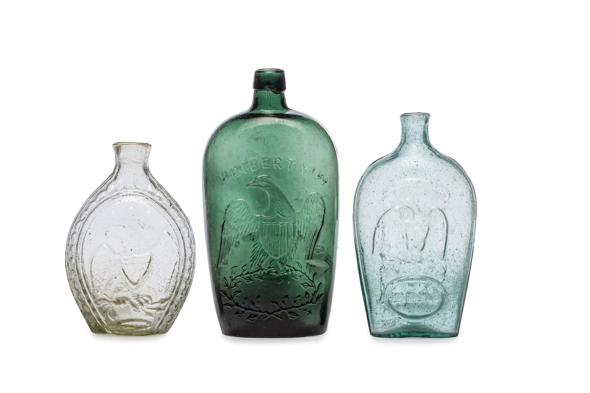 Three Molded Glass Green and Aqua Flasks
