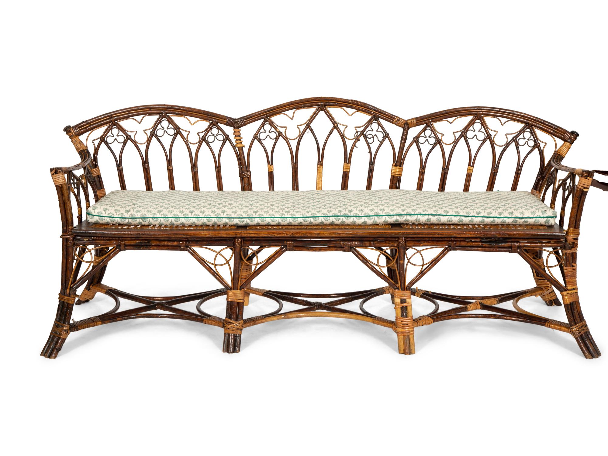 A Gothic Design Rattan Settee and Pair of Armchairs