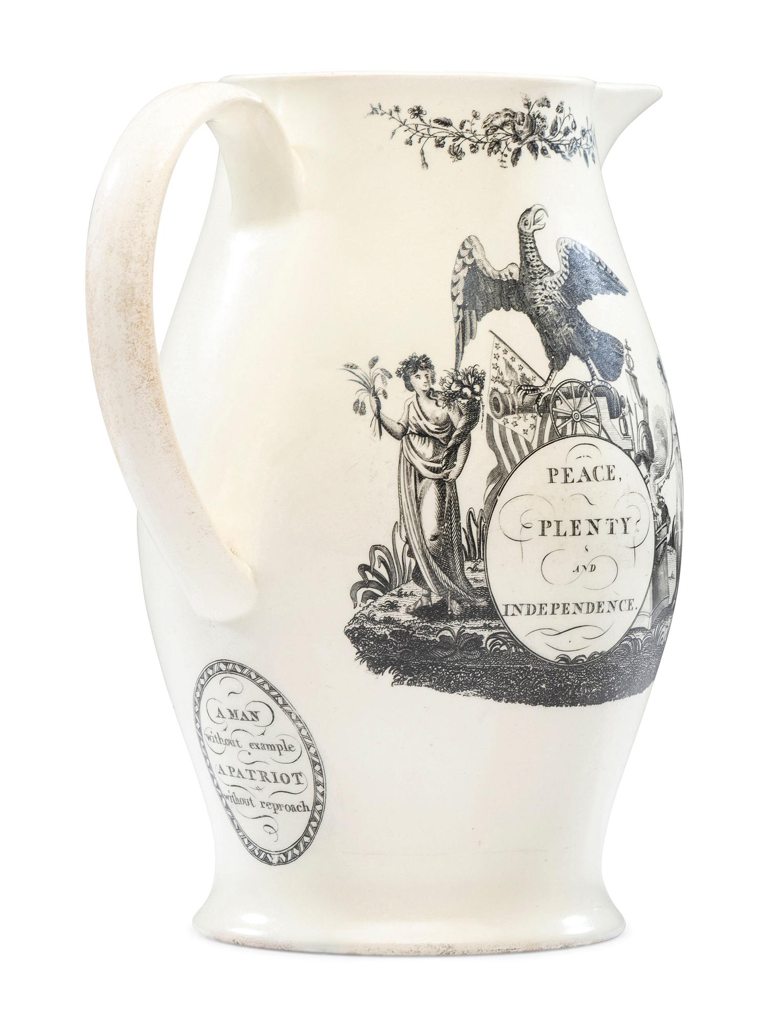 A Liverpool Transfer-Printed Creamware 'Peace, Plenty, and Independence / George Washington' Pitcher