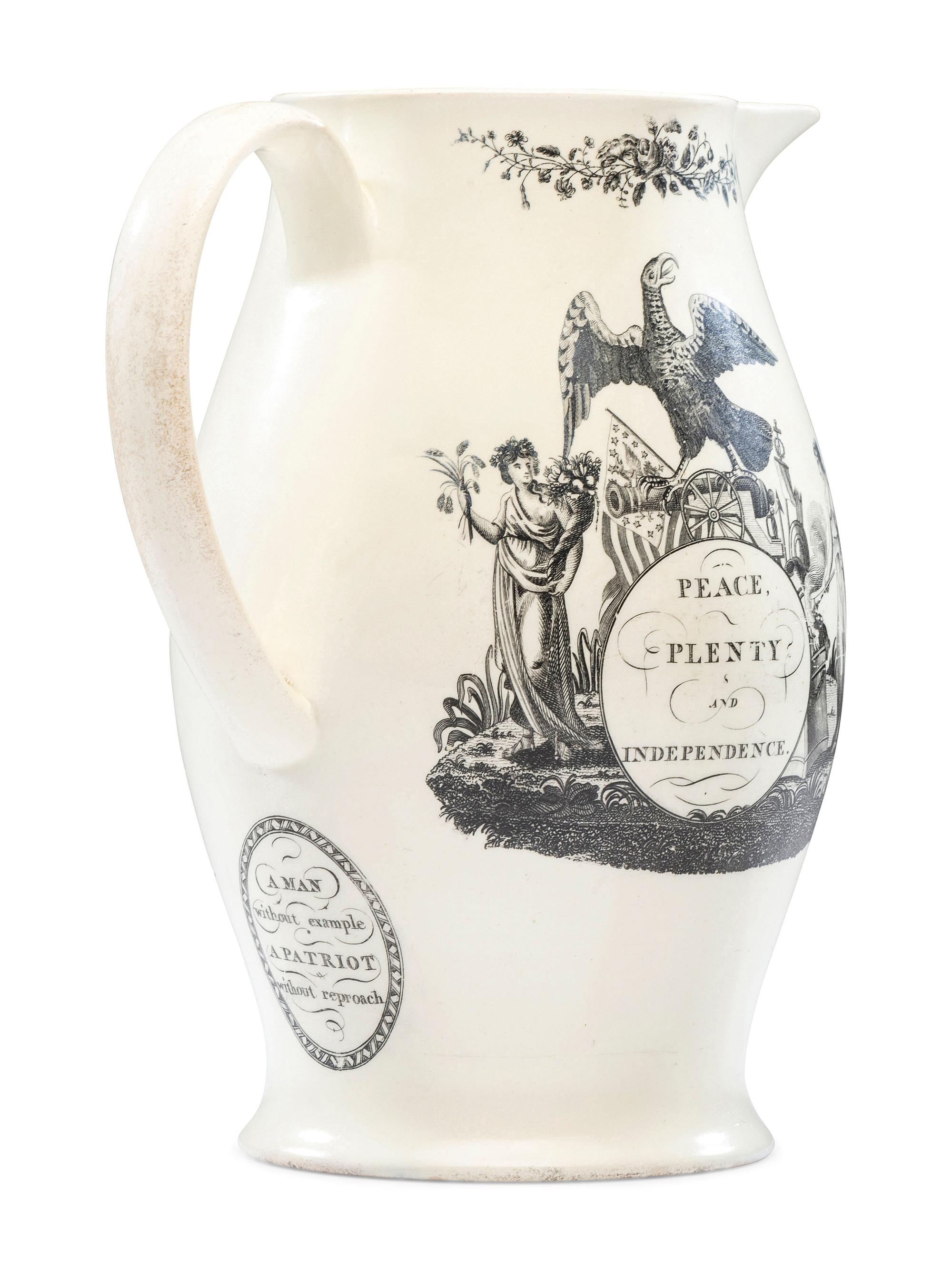 A Liverpool Transfer-Printed Creamware 'Peace, Plenty, and Independence / George Washington' Pitcher