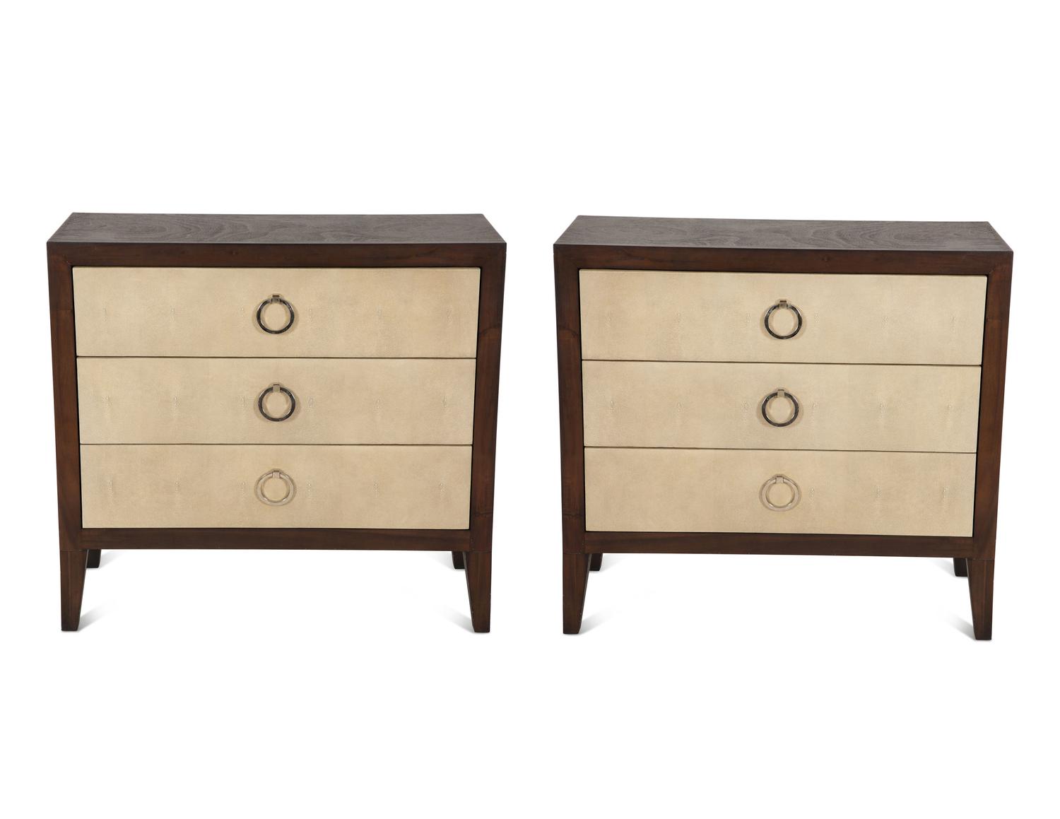 A Pair of Faux Shagreen and Stained Oak Three-Drawer Commodes